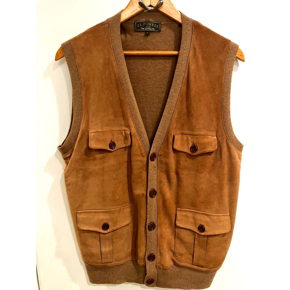 J.L. Powell Cashmere Suede Leather Vest L Tan Safari Hunting Sweater Vest Good